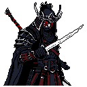 A formidable, dark samurai warrior is depicted in striking pixel art, clad in ornate armor with glowing red eyes and wielding a gleaming white blade. The figure's intense gaze and demonic helmet create an ominous and powerful presence.