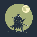 A powerful, horned samurai stands silhouetted against a pale moon, his fiery red eyes piercing the darkness. Heavily armored and armed with multiple katanas, the figure exudes strength and mystery in this striking pixel art image.