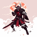 A formidable, red-accented warrior, possibly a samurai or knight, stands poised for battle, gripping a katana beneath a looming red moon. The striking pixel art captures an epic and ominous moment of intense readiness.