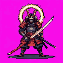 A pixel art samurai, clad in striking red and black armor, stands poised with dual katanas. A glowing halo radiates behind the warrior's head, adding a mystical dimension to their stoic power.