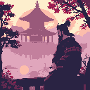 A lone, dark-haired figure in traditional Japanese attire sits in quiet contemplation against a backdrop of a pagoda, mist-shrouded hills, and flowering trees. The pixel art uses a harmonious palette of purples, pinks, and reds to evoke a peaceful and nostalgic atmosphere.