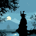A lone, silhouetted samurai stands stoically in a moonlit landscape, gazing out at a distant pagoda and rolling mountains. The serene pixel art evokes a sense of peaceful contemplation under the night sky.