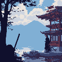A lone samurai stands in quiet contemplation before a traditional Japanese temple and distant Mount Fuji, rendered in a serene, cool-toned pixel art style. The scene evokes a sense of tranquility and introspection.