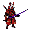 A formidable pixel art warrior, possibly a demonic samurai, stands ready with a glowing purple energy sword. The imposing figure boasts striking white hair, red horned protrusions, and detailed red and gold armor. The black background emphasizes the warrior's intense presence.