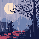 A lone samurai walks a blood-red path under a pale moon, swords sheathed and posture determined. The pixel art evokes a somber atmosphere, emphasizing solitude and purpose in the rainy night.