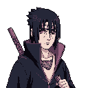 This pixel art portrays a solemn young swordsman with a scratched headband, clad in dark attire and carrying a sheathed katana. His muted expression and somber color palette hint at a complex and potentially dangerous past.