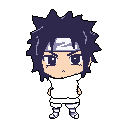 This pixel art depicts a stern-faced, chibi-style Sasuke Uchiha, instantly recognizable with his spiky hair and forehead protector. The character stands stoically against a black backdrop, rendered in cool, muted tones with a nostalgic, digital aesthetic.