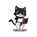 This pixel art features an endearing tuxedo cat, dressed in a martial arts-style outfit and headscarf, contemplating a book. The character's expressive eyes and poised stance create a sense of gentle charm and focused determination.