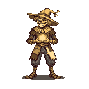 A rustic pixel art scarecrow presents a glowing orb held carefully in its hands, its stitched grin hinting at a playful yet mysterious nature. Standing alone in the darkness, the figure evokes a sense of quiet magic and handcrafted charm.