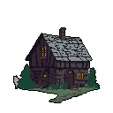 This pixel art depicts a rustic, two-story house glowing warmly in the darkness. The detailed textures and muted colors create a sense of quiet solitude and mystery.