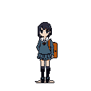 This pixel art depicts a high school student in her sailor uniform, facing the viewer with a neutral expression. Her dark hair is adorned with bright orange clips, adding a pop of color to the otherwise muted palette.