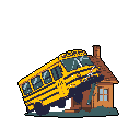A bright yellow school bus has crashed into a small house in this pixel art image, creating a scene of chaotic destruction. The unexpected collision, emphasized by the stark black background, evokes a sense of dark humor and improbable disaster.