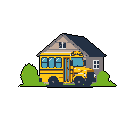 A bright yellow school bus sits ready in front of a suburban home, doors ajar, capturing a nostalgic slice of everyday life. The pixel art scene evokes a sense of childhood or a peaceful, familiar routine.