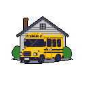 A vibrant yellow school bus sits parked in front of a simple house framed by green bushes. The pixel art image captures a nostalgic scene of everyday life.