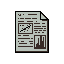 This pixel art image features a stylized document with a folded corner, filled with abstract data visualizations and text, rendered in muted olive green and dark brown. The retro aesthetic evokes a sense of utilitarian information and data presentation.