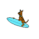 Pixelated Scooby-Doo shreds a wave on a blue surfboard, his wide grin and perked ears radiating excitement. The energetic Great Dane balances with paws spread, ready to catch some gnarly surf.