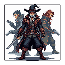 A masked, dark fantasy witch hunter stands ready, flanked by two gunslinging figures in this pixel art portrait. The central character's imposing presence and the trio's weaponry evoke a sense of mystery and impending conflict.