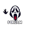 This pixel art captures the iconic Ghostface mask with a menacing expression, a waving hand, and the word "SCREAM" below. The stark black background amplifies the horror and suspense of this minimalist yet recognizable depiction.