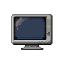 This pixel art showcases a vintage CRT monitor, rendered in muted greys and blues, evoking a sense of nostalgia for obsolete technology. Isolated against a black background, the monitor's simple form and scan lines create a quiet, reverent aesthetic.