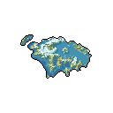 This pixel art presents a top-down map of a stylized island or archipelago, rendered in cool blues and beige, suggesting varied terrains. The detailed pixelation creates intricate coastlines and internal features, evoking a nostalgic, exploratory vibe.