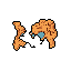 This pixel art presents a simplified, top-down view of two earthy landmasses dotted with blue lakes, evoking a retro map of an unknown world. The continents stand out against a stark black void, highlighting their unique, irregular shapes. A single white pixel floats between them, hinting at a mysterious point of interest.