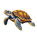 A pixelated sea turtle gracefully swims forward, its warm orange and brown shell contrasting beautifully with its cool blue flippers, creating a serene and majestic image.