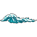 This pixel art image captures the raw power of a stylized ocean wave cresting against a stark black background. The dynamic blue and white wave, rendered in retro aesthetic, evokes a sense of energy and movement.