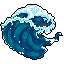 This pixel art image captures a stylized ocean wave mid-break, its powerful curl rendered in cool blues and vibrant cyan against a stark black background. The wave's dynamic form and foamy crest evoke a sense of raw, untamed energy.