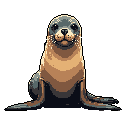A serene pixel art portrait captures a calm sea lion sitting upright, its simple design and earthy tones creating a peaceful and focused image.