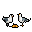 Two pixelated seagulls stand poised over a small pile of orange-brown objects, their simple forms and muted colors creating a minimalist nature scene. The black background keeps the focus on the two birds.