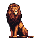 This pixel art image showcases a majestic lion sitting regally, its warm earthy tones and intricate details capturing a sense of quiet dignity and strength. The solitary figure, rendered in a classic pixel art style, evokes a timeless and slightly nostalgic feel.
