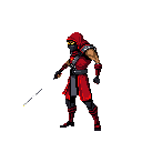A cloaked ninja, rendered in striking red and gray pixel art, stands poised with a white weapon against a dark backdrop. The mysterious figure's masked eyes hint at stealth and danger.