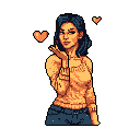 A pixel art woman sweetly blows a kiss, symbolized by floating hearts, her warm colors popping against the black backdrop. The image evokes a cute and affectionate vibe with a touch of vintage charm.