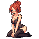 A pixel art image depicts a kneeling woman in dark lingerie, her downcast gaze and slumped shoulders suggesting a moment of introspection or quiet melancholy. The muted color palette and absence of background further emphasize the intimate and solitary nature of the scene.