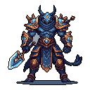 A formidable, armored warrior with demonic features stands tall, its dark blues and bronze armor accented by glowing cyan highlights. The pixel art evokes a sense of power and majesty, showcasing intricate details on the figure's armor, weapon, and imposing presence.