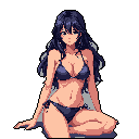 This pixel art features a relaxed young woman with dark hair in a bikini, her fair skin contrasting with the dark attire and background. Her gaze and pose evoke a peaceful yet suggestive mood.