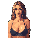This pixel art portrait captures a woman with a slightly melancholic expression, her long wavy hair framing her face and a tattoo adorning her arm. Rendered in muted, earthy tones, the image evokes a sensual yet somber mood.