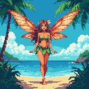 A serene fairy woman with insect wings and floral adornments stands on a tropical beach. She wears a leafy green bikini and exudes a peaceful, summery vibe.