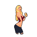 A blonde woman in a low-cut top strikes a sultry pose while holding her smartphone. The pixel art's muted palette and suggestive vibe create a casually alluring mood.