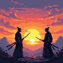 Silhouetted against a vibrant sunset, two samurai face off in a poised duel, their katanas reflecting the dramatic sky. The pixel art evokes a sense of intense drama and timeless conflict in a historical Japanese setting.