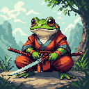 A pixel art frog warrior, clad in a traditional orange gi, sits in a serene mountain landscape with two katanas, hinting at quiet strength and ancient wisdom.