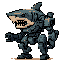 A heavily armored mech suit with a menacing shark head stands ready for action. This pixel art figure, a fusion of organic and mechanical elements, exudes a cool, slightly aggressive vibe.