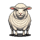 This pixel art image features a fluffy, cream-colored sheep looking directly at the viewer with a gentle expression. The detailed wool and simple composition against a black background create a peaceful and calming portrait.