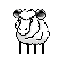 This pixel art headshot features a cute, stylized sheep with fluffy white fleece against a stark black background. The monochromatic design highlights the sheep's textured wool and contrasting dark face.