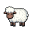 This pixel art features a charming, fluffy white sheep in profile, its dark brown head turned curiously towards the viewer. The simple, blocky style and muted colors create a peaceful and cute depiction of the animal.