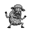 This pixel art captures a sheep in a moment of sheer terror, standing on its hind legs with a face contorted in a silent scream. The grayscale palette and simple composition amplify the unease and dark humor of this panicked creature.