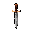 This pixel art showcases an ornate dagger with a gold-accented hilt and a weathered silver blade, evoking a sense of fantasy and ancient power. The weapon's intricate details and battle-worn appearance suggest a rich history and potential danger.