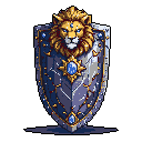 A majestic pixel art shield features a detailed golden lion's head with piercing blue eyes atop ornate silver-blue plates adorned with glowing studs and gemstones. The regal design evokes a sense of nobility, power, and fantasy craftsmanship.