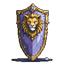 This pixel art showcases an ornate shield featuring a majestic lion's head with piercing blue eyes, framed by intricate gold scrollwork and set against a plain black background. Adorned with gems and weathered metallic plates, the shield evokes a sense of nobility and strength, hinting at a rich history.