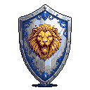This detailed pixel art showcases a majestic shield featuring a golden lion's head, rendered with intricate detail and a classic heraldic style. The shield boasts ornate blue patterns on a polished silver surface, evoking nobility and strength.